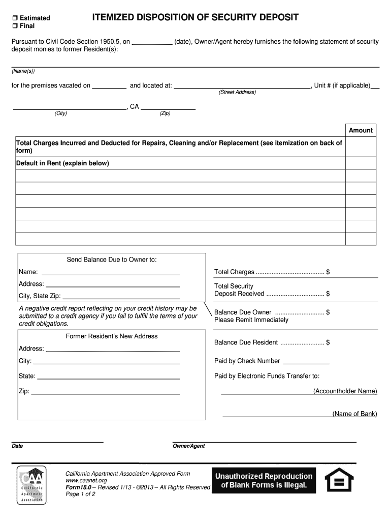 California Security Deposit Itemization Form 2013-2025